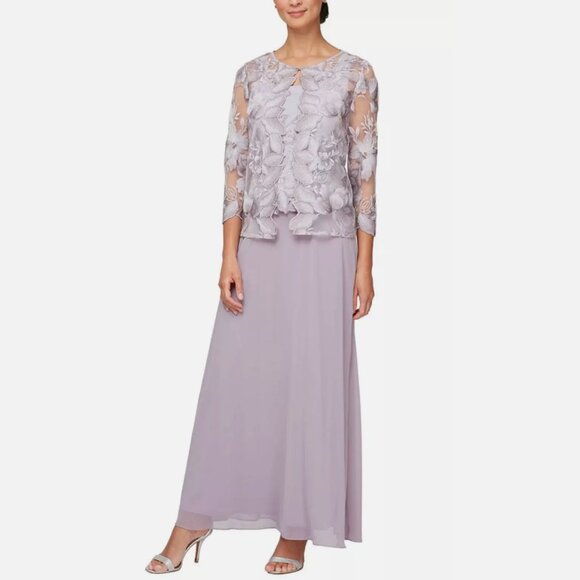 Alex Evenings Floral Embroidered Maxi 2 Piece Evening Dress Gown Purple Lilac 10